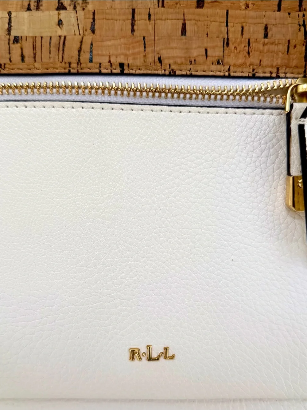 Lauren Ralph Lauren Paley White Leather Tote with Cork Band and Gold Hardware.